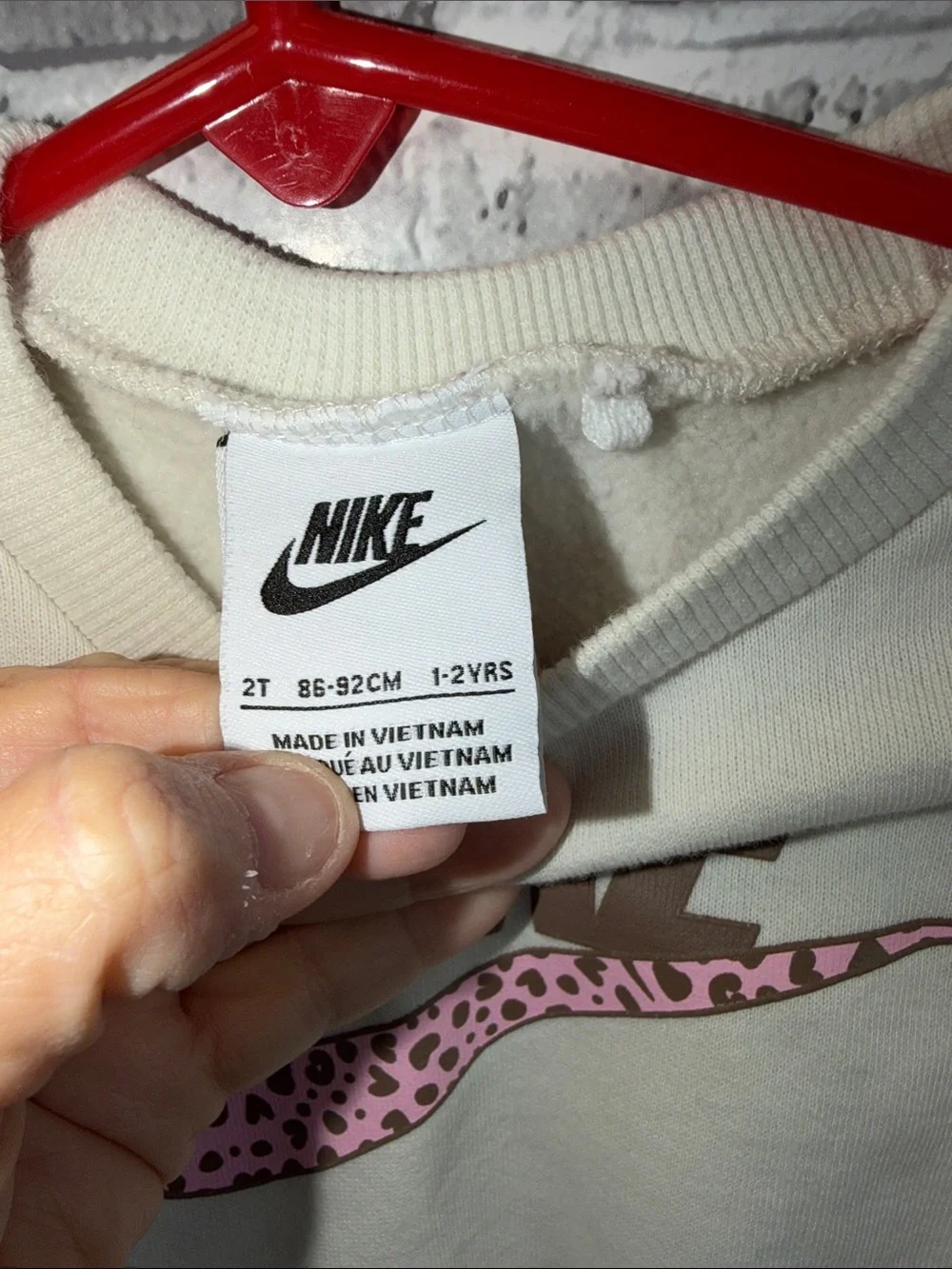 Girls Nike Cream Crewneck with Brown Logo and Pink Leopard Swoosh
